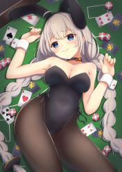 Rule 34 | 1girl, ace (playing card), ace of diamonds, ace of hearts, ace of spades, ahoge, animal ears, black leotard, black pantyhose, blackjack table, blue eyes, braid, breasts, card, cleavage, collarbone, commentary request, diamond (shape), fake animal ears, heart, highres, kizuna akari, leotard, long hair, looking at viewer, medium breasts, pantyhose, playboy bunny, playing card, poker chip, rabbit ears, shun (b.c), silver hair, solo, spade (shape), strapless, strapless leotard, table, twin braids, vocaloid, voiceroid, wrist cuffs