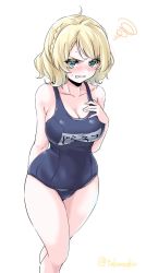 Rule 34 | 1girl, blonde hair, blue one-piece swimsuit, braid, breasts, cleavage, collarbone, colorado (kancolle), cowboy shot, embarrassed, green eyes, highres, kantai collection, large breasts, looking at viewer, name tag, one-piece swimsuit, school swimsuit, short hair, side braids, simple background, solo, squiggle, standing, swimsuit, takomeshi, white background