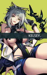 Rule 34 | 1girl, absurdres, alternate costume, animal ear fluff, animal ears, arknights, bare shoulders, black gloves, black jacket, blue shorts, breasts, cat ears, fang, gloves, green eyes, grey hair, highres, jacket, kal&#039;tsit (arknights), large breasts, long sleeves, looking at viewer, open clothes, open jacket, open mouth, pasties, revealing clothes, short hair, short shorts, shorts, simple background, single glove, skin fang, solo, thighs, underboob, vsa (xmj173178), yellow background