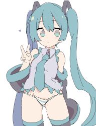 Rule 34 | 1girl, aqua eyes, aqua hair, aqua necktie, bare shoulders, blush, detached sleeves, dot nose, expressionless, grey shirt, hair between eyes, hatsune miku, heart, highres, long hair, n40a1, necktie, no pants, panties, shirt, solo, striped clothes, striped panties, thighs, twintails, underwear, v-shaped eyebrows, very long hair, vocaloid, white background