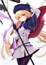 Rule 34 | 1girl, artoria caster (fate), artoria caster (second ascension) (fate), artoria pendragon (fate), belt, beret, black bow, black gloves, black pantyhose, blue belt, blue cloak, blue headwear, blush, bow, buttons, cloak, closed mouth, collar, collared shirt, fate/grand order, fate (series), gem, gloves, gold trim, green eyes, hair between eyes, hair bow, hat, highres, holding, holding staff, long hair, long sleeves, multicolored cloak, ornament, pantyhose, pink ribbon, purple bow, ribbon, shirt, sina (sinasinatu), skirt, smile, staff, standing, twintails, white background, white shirt, white skirt