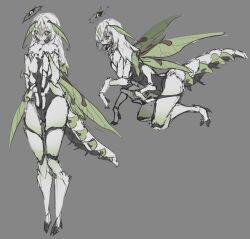 Rule 34 | 1girl, antennae, arthropod girl, black sclera, breasts, colored sclera, commentary, english commentary, extra arms, full body, green eyes, grey background, grey hair, hair between eyes, halo, indie virtual youtuber, insect girl, insect wings, juniper (artist), juniper actias, long hair, looking at viewer, monster girl, moth girl, moth wings, multiple views, multiple wings, simple background, sketch, small breasts, standing, tail, virtual youtuber, wings