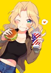 Rule 34 | 10s, 1girl, ;), american flag, blonde hair, bomber jacket, burger, cup, denim, denim shorts, drinking straw, flag print, food, food on face, fuji fujino, girls und panzer, heart, jacket, kay (girls und panzer), one eye closed, open clothes, open jacket, shorts, smile, solo, spoken heart, tank top, united states, upper body