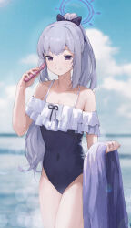 Rule 34 | 1girl, bare shoulders, blue archive, grey hair, jianjia, looking at viewer, miyako (blue archive), ponytail, purple eyes, smile, solo, standing, swimsuit