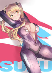 Rule 34 | 10s, 1girl, 3:, 3:&lt;, ahoge, arms behind head, arms up, bakuon!!, bell, biker clothes, bikesuit, blonde hair, blush, bodysuit, breasts, cleavage, hair bell, hair ornament, highres, huge breasts, julioalqae, long hair, looking at viewer, lying, on back, solo, suzunoki rin, twintails, unzipped, v-shaped eyebrows, yellow eyes