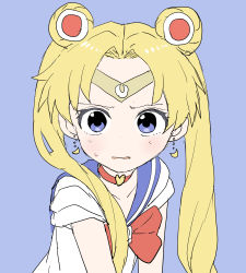 Rule 34 | 1girl, absurdres, bishoujo senshi sailor moon, blonde hair, blue background, blue eyes, blue sailor collar, blush, bow, choker, circlet, commentary request, crescent, crescent earrings, derivative work, double bun, earrings, hair bun, hair ornament, heart, heart choker, highres, jewelry, long hair, looking at viewer, meme, parted bangs, parted lips, red bow, red choker, sailor collar, sailor moon, sailor moon redraw challenge (meme), sailor senshi uniform, screenshot redraw, shirt, short sleeves, simple background, solo, sweat, tsukino usagi, twintails, upper body, very long hair, white shirt, yamamoto souichirou