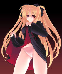 Rule 34 | 00s, 1girl, blonde hair, clothes lift, fate testarossa, frapowa, lace, lace-trimmed panties, lace trim, long hair, lyrical nanoha, mahou shoujo lyrical nanoha, panties, pink panties, skirt, skirt lift, solo, twintails, underwear, upskirt, very long hair