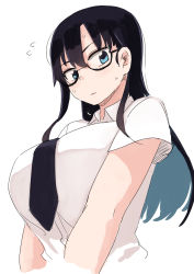 Rule 34 | 1girl, black hair, blue eyes, blush, breasts, closed mouth, flying sweatdrops, highres, huge breasts, looking at viewer, original, rucchiifu, shirt, short sleeves, simple background, solo, sweatdrop, upper body, white background, white shirt