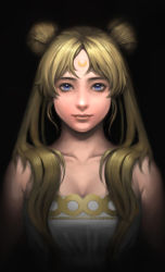 Rule 34 | 1girl, bishoujo senshi sailor moon, blonde hair, blue eyes, breasts, cleavage, crescent, crescent facial mark, double bun, dress, facial mark, forehead mark, gradient background, hair bun, hair over shoulder, highres, jchoy, long hair, princess serenity, realistic, solo, strapless, strapless dress, tsukino usagi, twintails, upper body, white dress
