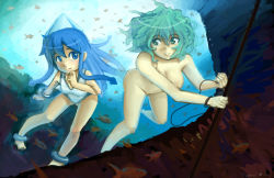 Rule 34 | 1990s (style), 2girls, anklet, artist request, barefoot, berserk, blue eyes, blue hair, casual one-piece swimsuit, censored, clothed female nude female, convenient censoring, crossover, drawfag, freediving, green eyes, green hair, highres, holding breath, ikamusume, isma, jewelry, multiple girls, nude, nudist, one-piece swimsuit, polearm, retro artstyle, shinryaku! ikamusume, skinny dipping, skirt, spear, swimming, swimsuit, tentacle hair, underwater, weapon, zenra