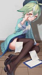 Rule 34 | 1girl, absurdres, adjusting eyewear, alternate costume, animal ears, antenna hair, arm support, bingchuan xian yu huang, black footwear, blue jacket, blue skirt, brown thighhighs, clipboard, commentary request, garter straps, genshin impact, glasses, green hair, hair between eyes, hat, highres, jacket, loafers, long hair, looking at viewer, multicolored hair, open clothes, open jacket, paper, parted lips, pleated skirt, red eyes, shirt, shoes, silver hair, skirt, solo, streaked hair, sucrose (genshin impact), sucrose (oneplus) (genshin impact), thighhighs, white shirt