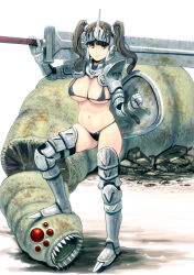 Rule 34 | 1girl, armor, bad id, bad pixiv id, bikini armor, blade, breasts, brown hair, cleavage, defeat, green eyes, helmet, huge weapon, kouno (masao), large breasts, light smile, monster, navel, original, panties, severed head, shield, skindentation, solo, standing, stepped on, sword, twintails, underwear, warrior, weapon, worm