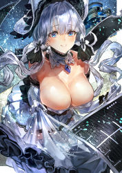 Rule 34 | 1girl, azur lane, bare shoulders, blue eyes, blue gemstone, blush, breasts, cleavage, clothes lift, collarbone, commentary request, covered erect nipples, dress, dress lift, earrings, elbow gloves, flight deck, floating hair, gem, gloves, hair between eyes, hair ribbon, hat, highres, illustrious (azur lane), jewelry, lace, lace-trimmed dress, lace trim, large breasts, leaning forward, lifting own clothes, long hair, looking at viewer, low twintails, machinery, parted lips, ribbon, see-through, signo aaa, smile, solo, standing, strapless, strapless dress, sun hat, teeth, thighhighs, tress ribbon, tri tails, twintails, very long hair, water, wet, wet clothes, white dress, white gloves, white hair, white hat, white thighhighs