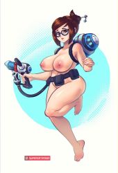 Rule 34 | 1girl, backpack, bag, belt, breasts, brown eyes, brown hair, glasses, gun, holding, holding weapon, large breasts, looking at viewer, mei (overwatch), nipples, nude, overwatch, overwatch 1, parted lips, solo, standing, standing on one leg, supersatanson, tagme, utility belt, weapon