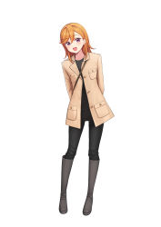 Rule 34 | 1girl, :d, alternate costume, arms behind back, black footwear, black legwear, black pants, blush, boots, brown hair, brown jacket, commentary, deadnooodles, full body, hair between eyes, hands in pockets, highres, jacket, knee boots, long hair, looking at viewer, love live!, love live! superstar!!, medium hair, open mouth, orange hair, pants, purple eyes, shibuya kanon, shirt, simple background, smile, solo, standing, symbol-only commentary, teeth, upper teeth only, white background