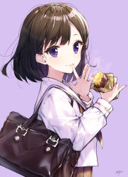 Rule 34 | 1girl, absurdres, autumn, bag, brown hair, closed mouth, commentary request, eating, food, from side, highres, holding, holding food, long sleeves, looking at viewer, looking to the side, original, purple background, purple eyes, roasted sweet potato, school uniform, shirt, short hair, shoulder bag, simple background, smile, solo, sweet potato, takenoko no you, upper body, white shirt