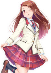 Rule 34 | 1girl, ;p, black socks, blazer, bow, brown footwear, brown hair, collared shirt, commentary request, diagonal-striped clothes, diagonal-striped necktie, diagonal-striped neckwear, fingernails, hair bow, hairband, head tilt, idolmaster, idolmaster (classic), jacket, kneehighs, loafers, long hair, long sleeves, looking at viewer, minase iori, miri (ago550421), necktie, one eye closed, parted bangs, plaid, plaid skirt, pleated skirt, red bow, red eyes, red hairband, red skirt, school uniform, shirt, shoes, simple background, skirt, socks, solo, standing, standing on one leg, striped clothes, striped necktie, striped neckwear, sweater vest, tongue, tongue out, very long hair, white background, white jacket, white shirt