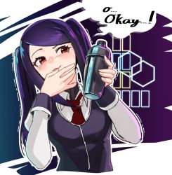 Rule 34 | 1girl, blouse, collared shirt, commentary, cropped torso, english commentary, english text, hand to own mouth, holding, jill stingray, long sleeves, necktie, purple eyes, purple vest, red eyes, red necktie, seigetsu kotaku, shaker, shirt, sidelocks, sleeve cuffs, smile, solo, sweat, twintails, upper body, va-11 hall-a, vest, white shirt
