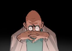 Rule 34 | 1boy, absurdres, black background, bolt (hardware), futurama, gendou pose, glasses, hands clasped, highres, hubert j farnsworth, lab coat, meme, neon genesis evangelion, old, old man, own hands clasped, own hands together, rosy (rosygloomart), scientist, solo