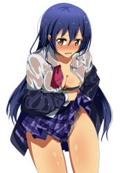 Rule 34 | 10s, 1girl, areola slip, blue hair, blush, breasts, brown eyes, checkered clothes, checkered skirt, cleavage, clothes lift, collarbone, highres, jacket, long hair, long sleeves, looking at viewer, love live!, love live! school idol project, magukappu, medium breasts, megami magazine, off shoulder, open clothes, open mouth, open shirt, panties, school uniform, shirt, skirt, skirt lift, solo, sonoda umi, tears, underwear, upskirt, very long hair, wavy mouth, wet, wet clothes, wet panties, wet shirt, wet skirt, white background