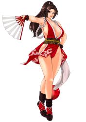 Rule 34 | 1girl, armpits, bare shoulders, breasts, brown eyes, brown hair, cleavage, collarbone, commentary, fatal fury, female focus, fingernails, floral print, folding fan, full body, hair ornament, hand fan, hand on own hip, high ponytail, highleg, highleg panties, highres, holding, holding fan, japanese clothes, large breasts, lips, long hair, matching hair/eyes, ninja, no bra, panties, parted bangs, parted lips, pelvic curtain, ponytail, red panties, revealing clothes, rope, shiranui mai, simple background, sk (sk-g), sleeveless, smile, socks, solo, the king of fighters, thighs, underwear