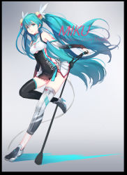 Rule 34 | 1girl, absurdres, black sleeves, black thighhighs, blue eyes, blue hair, bra, breasts, bridal gauntlets, character name, cleavage, closed mouth, detached sleeves, floating hair, grey thighhighs, hair between eyes, hair ornament, hatsune miku, highres, long hair, long sleeves, medium breasts, microphone stand, samanta, single thighhigh, solo, standing, standing on one leg, thighhighs, twintails, underwear, very long hair, vocaloid, white bra