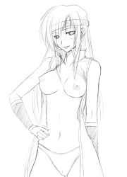 Rule 34 | 1990s (style), 1girl, bad id, bad pixiv id, breasts, faris scherwiz, final fantasy, final fantasy v, greyscale, hand on own hip, ichimedoo, long hair, looking at viewer, monochrome, nipples, no bra, open clothes, open shirt, panties, retro artstyle, shirt, simple background, solo, underwear, white background