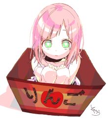 Rule 34 | 1girl, apple, box, collarbone, dress, eyebrows hidden by hair, fingernails, food, fruit, green eyes, hands on own knees, highres, knees up, long hair, looking at viewer, on box, original, parted lips, pink hair, purple dress, shadow, signature, sitting, sofra, solo, strap slip, translation request, white background