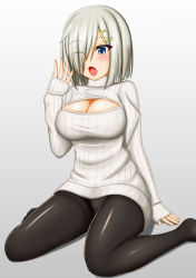 Rule 34 | 10s, 1girl, ;o, abukobato, alternate costume, black pantyhose, blue eyes, blush, breasts, cleavage, hair ornament, hair over one eye, hairclip, hamakaze (kancolle), highres, kantai collection, large breasts, long sleeves, meme attire, one eye closed, open-chest sweater, open mouth, panties, panties under pantyhose, pantyhose, ribbed sweater, short hair, silver hair, sitting, solo, sweater, tears, turtleneck, turtleneck sweater, underwear, wariza, yawning