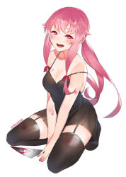 Rule 34 | 1girl, artist name, bare shoulders, black dress, black thighhighs, blood, blush, breasts, cleavage, commentary request, dress, gasai yuno, harukagi, knife, large breasts, long hair, looking at viewer, mirai nikki, pink eyes, pink hair, red eyes, simple background, smile, solo, thighhighs, twintails, white background
