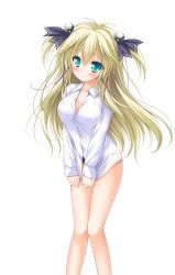 Rule 34 | 1girl, aqua eyes, artist request, bare legs, black panties, blonde hair, blush, breasts, censored, character request, cleavage, game cg, green eyes, hair ribbon, highres, long hair, long sleeves, panties, ribbon, shirt, solo, source request, transparent background, two side up, underwear