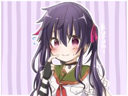 Rule 34 | 1girl, blush, ebisuzawa kurumi, fingerless gloves, gakkou gurashi!, gloves, hat, looking at viewer, purple eyes, purple hat, red ribbon, ribbon, school uniform, smile, twintails, yuri (miiiiikun0515)