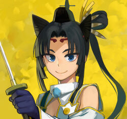 Rule 34 | 1girl, b suke, black gloves, black hair, black hat, blue eyes, closed mouth, detached sleeves, fate/grand order, fate (series), gloves, hat, holding, holding sword, holding weapon, japanese clothes, katana, looking at viewer, one side up, parted bangs, portrait, simple background, smile, solo, sword, ushiwakamaru (fate), weapon, yellow background