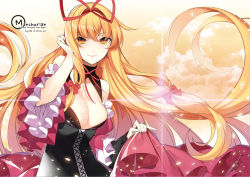 Rule 34 | 1girl, adapted costume, alternate costume, blonde hair, breasts, cleavage, cloud, cloudy sky, corset, frilled sleeves, frills, tucking hair, hairband, hat, hat ribbon, large breasts, long hair, looking at viewer, no headwear, no headwear, parted lips, ribbon, roh nam kyung, skirt hold, sky, smile, solo, touhou, upper body, very long hair, yakumo yukari, yellow eyes, yellow sky