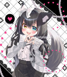 Rule 34 | 1girl, :3, absurdres, animal ear fluff, animal ears, black hair, blue eyes, blush, bow, bowtie, cardigan, center frills, character request, commission, fang, frills, hair bow, heart, heart hands, heterochromia, highres, indie virtual youtuber, long hair, long sleeves, momomoyn, open mouth, pixel heart, pleated skirt, sailor collar, skeb commission, skin fang, skirt, sleeves past wrists, smile, solo, speech bubble, spoken heart, tail, virtual youtuber, watermark, wolf ears, wolf girl, wolf tail, yellow eyes