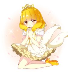 Rule 34 | 10s, 1girl, blonde hair, blush, crown, dress, eyelashes, happy, high heels, jewelry, kise yayoi, looking at viewer, precure, ribbon, sausu (himakuma), shoes, smile, smile precure!, solo, yellow eyes