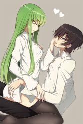 Rule 34 | 1boy, 1girl, black hair, black pants, black thighhighs, breasts, c.c., cleavage, code geass, eye contact, from side, girl on top, green hair, grey background, hand on another&#039;s ass, hand on another&#039;s cheek, hand on another&#039;s face, heart, highres, lelouch vi britannia, long hair, looking at another, lucky keai, medium breasts, pants, parted lips, purple eyes, shirt, sitting, smile, thighhighs, very long hair, white shirt, yellow eyes