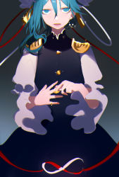 Rule 34 | 1girl, asymmetrical hair, blue eyes, blue hair, breasts, buttons, chromatic aberration, closed mouth, cowboy shot, dress, earrings, epaulettes, gradient background, hair between eyes, hair ornament, hat, highres, infinity symbol, jewelry, long hair, long sleeves, looking at viewer, matching hair/eyes, red lips, red ribbon, ribbon, ring, shiki eiki, sketch, small breasts, solo, sparkle, tian (my dear), touhou, wide sleeves