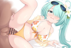 1boy 1girl aqua_hair bar_censor bed_sheet bikini blue_archive blush breasts censored cleavage commentary_request detached_sleeves eyewear_on_head floral_print_bikini flower hair_flower hair_ornament hair_over_one_eye hetero highres hiyori_(blue_archive) hiyori_(swimsuit)_(blue_archive) large_breasts leg_up lying maccha mosaic_censoring navel official_alternate_costume on_side open_mouth orange_bikini paid_reward_available pussy sex sheet_grab side_ponytail sunglasses swimsuit testicles vaginal