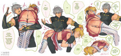 2boys absurdres alhaitham_(genshin_impact) ass bare_shoulders bdsm blush closed_eyes clothes_lift crossdressing gay genshin_impact highres kaveh_(genshin_impact) lace lace_trim leather leather_belt leilielmeimiel lingerie male_focus male_with_male multiple_boys no_panties open_mouth punishment skirt skirt_lift slap_mark slapping spanked spanking speech_bubble sweat tears thighhighs underwear