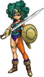 Rule 34 | 1girl, blue eyes, boots, chunsoft, circlet, curly hair, dragon quest, dragon quest iv, earrings, enix, female focus, full body, green hair, heroine (dq4), highres, jewelry, official art, shield, simple background, solo, standing, sword, thigh strap, toriyama akira, weapon, white background
