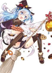 Rule 34 | 1girl, :d, animal ears, ankle boots, apron, black cape, black hairband, black hat, black shorts, black thighhighs, blue eyes, blue hair, boots, bow, broom, broom riding, brown footwear, candy, cape, cat ears, commentary request, crop top, doughnut, fake animal ears, fang, food, frilled apron, frilled shorts, frilled socks, frills, full body, hair ribbon, hairband, halloween bucket, hat, hat ribbon, head tilt, heart, hexagram, highres, holding, holding broom, jack-o&#039;-lantern, layered sleeves, lollipop, long hair, long sleeves, looking at viewer, loose socks, mini hat, mini witch hat, nana kagura, open mouth, original, pon de ring, pretzel, puffy short sleeves, puffy sleeves, red bow, red ribbon, ribbon, short over long sleeves, short shorts, short sleeves, shorts, simple background, smile, socks, socks over pantyhose, solo, star (symbol), swirl lollipop, symbol-shaped pupils, thighhighs, two side up, very long hair, waist apron, white apron, white background, wide sleeves, witch hat