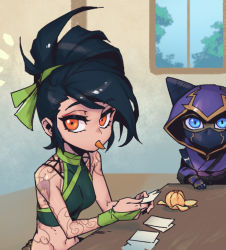 Rule 34 | 1boy, 1girl, akali, arm tattoo, bare arms, bare shoulders, black hair, blue eyes, breasts, cloud tattoo, crop top, green shirt, holding, hood, hood up, indoors, kennen, league of legends, looking at viewer, mask, medium breasts, mouth hold, mouth mask, navel, ninja, paper, phantom ix row, shirt, short hair, stomach, table, tattoo, window, yordle