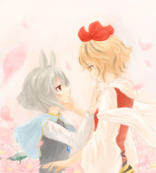Rule 34 | 2girls, animal ears, bad id, bad pixiv id, blonde hair, couple, eye contact, female focus, finger to another&#039;s mouth, flower, grey hair, hair ornament, hand on another&#039;s face, hand on own face, hand to own mouth, jewelry, kotaro-nosuke, looking at another, lotus, mouse ears, multiple girls, nazrin, pendant, profile, red eyes, short hair, toramaru shou, touhou, yellow eyes, yuri