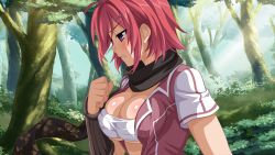 Rule 34 | 1girl, ahoge, blush, body blush, breast press, breasts, cherry blossoms, cleavage, clenched hand, clenched teeth, day, floral print, forest, from side, game cg, gauntlets, grass, greeze18, hair ornament, hairclip, hikage narumi, large breasts, light rays, looking down, nature, open clothes, open mouth, open shirt, outdoors, petals, profile, purple eyes, red hair, sakura spirit, sarashi, scarf, shiny skin, shirt, short hair, skindentation, solo, sunbeam, sunlight, sweat, sweatdrop, teeth, tree, underboob, upper body, vambraces, wanaca, wing collar, winged cloud