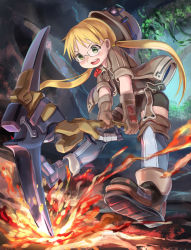 Rule 34 | 1girl, :d, absurdres, aq gohan, black footwear, blonde hair, boots, brown footwear, brown gloves, brown headwear, brown jacket, cave, glasses, gloves, glowing, green eyes, ground shatter, headlamp, helmet, highres, holding, holding pickaxe, jacket, made in abyss, mining helmet, open clothes, open jacket, open mouth, outdoors, pickaxe, riko (made in abyss), short sleeves, smile, solo, swinging, teeth, twintails, whistle