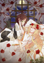 Rule 34 | 2girls, antenna hair, aruwe, bed, blonde hair, brown hair, crescent moon, flower, green eyes, hand on another&#039;s face, holding, holding hair, leaf, leaning forward, long hair, lying, maid, moon, multiple girls, night, original, pillow, red eyes, red rose, rose, short hair, thorns, window, yuri