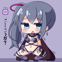 Rule 34 | 1girl, :o, armor, armored boots, arrow (symbol), bikini armor, blue eyes, blush, boots, breasts, brown cape, cape, chibi, cleavage, commentary request, full body, gluteal fold, grey hair, hair between eyes, hair ribbon, hana kazari, hannen hiroe, kirara fantasia, long hair, looking at viewer, medium breasts, navel, open mouth, pauldrons, purple armor, purple background, red ribbon, ribbon, shoulder armor, side ponytail, slow start, solo, spread legs, squatting, thigh boots, thighhighs, translation request, very long hair