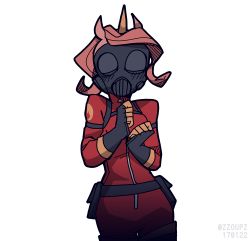 Rule 34 | 1girl, animal ears, belt, belt pouch, black belt, black gloves, blush, brown hair, commentary, english commentary, facing viewer, fake animal ears, fake horns, flame print, gas mask, genderswap, genderswap (mtf), gloves, helltaker, highres, horns, horse ears, jumpsuit, mask, pouch, pyro (tf2), red jumpsuit, red pyro (tf2), simple background, single horn, solo, team fortress 2, transparent background, upper body, vanripper (style), white background, zipper pull tab, zzoupz