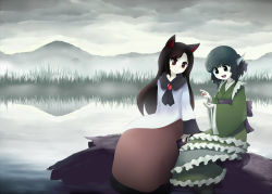 Rule 34 | 2girls, :d, animal ears, blue eyes, blue hair, brooch, brown hair, cross-eyed, dress, drill hair, fins, head fins, imaizumi kagerou, japanese clothes, jewelry, kimono, lake, long dress, mermaid, misty lake, monster girl, multiple girls, muted color, open mouth, red eyes, sitting, smile, street dog, touhou, wakasagihime, wolf ears